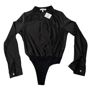 Love Tree Black Satin Bodysuit Blouse Womens Small Wrap‎ V Neck Long Sleeve NWT